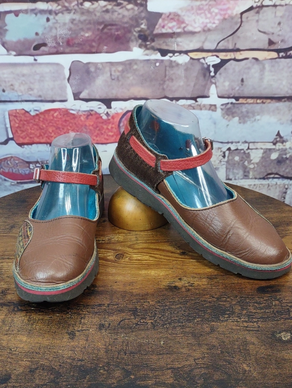 Leather Mary Jane Flats with Red Strap and Multicolor Trim